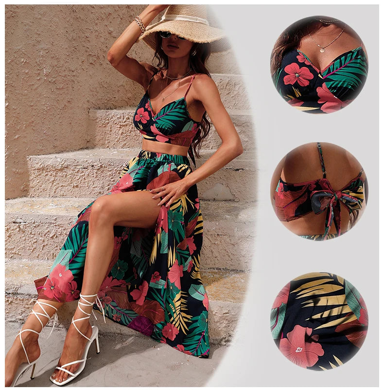 Womens Bikini Crop Top Long Floral Print Midi Boho Dress