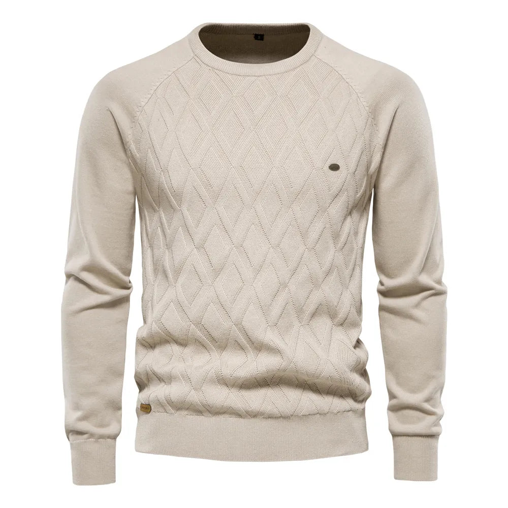 Mens Basic Argyle Solid Color O-Neck Long Sleeve Knitted Sweater