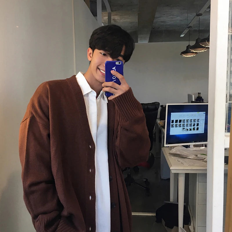 Mens Knitted Solid Colour V-Neck Single Breasted Cardigan