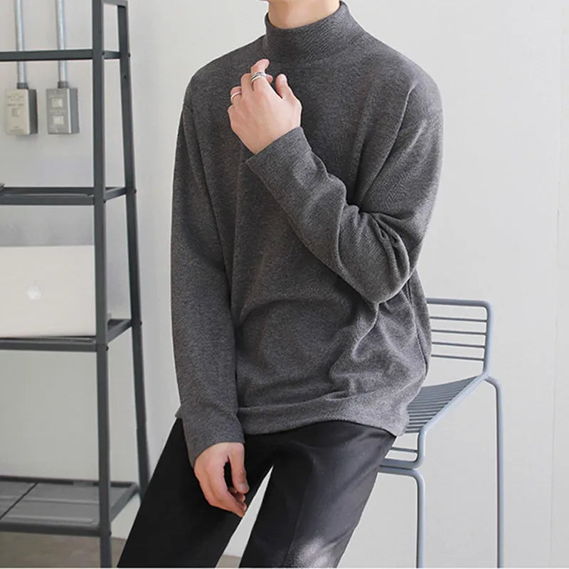 Mens Winter Solid Casual Plush Turtleneck Loose Fit Sweater