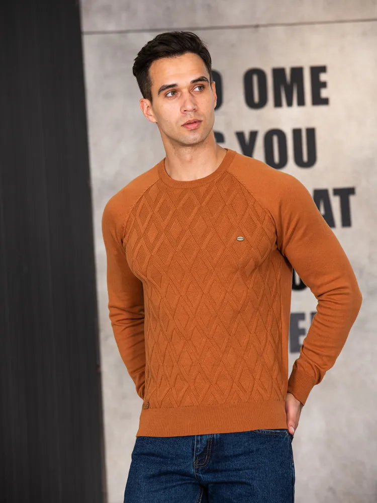 Mens Basic Argyle Solid Color O-Neck Long Sleeve Knitted Sweater