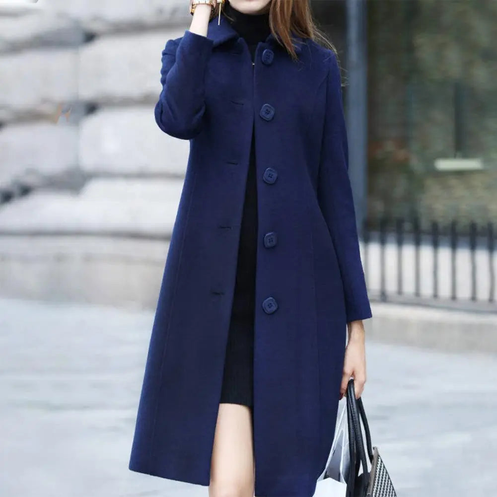 Womens Mid-Length Single-Breasted Solid Colour Turn-Down Collar Elegant Warm Winter Coat