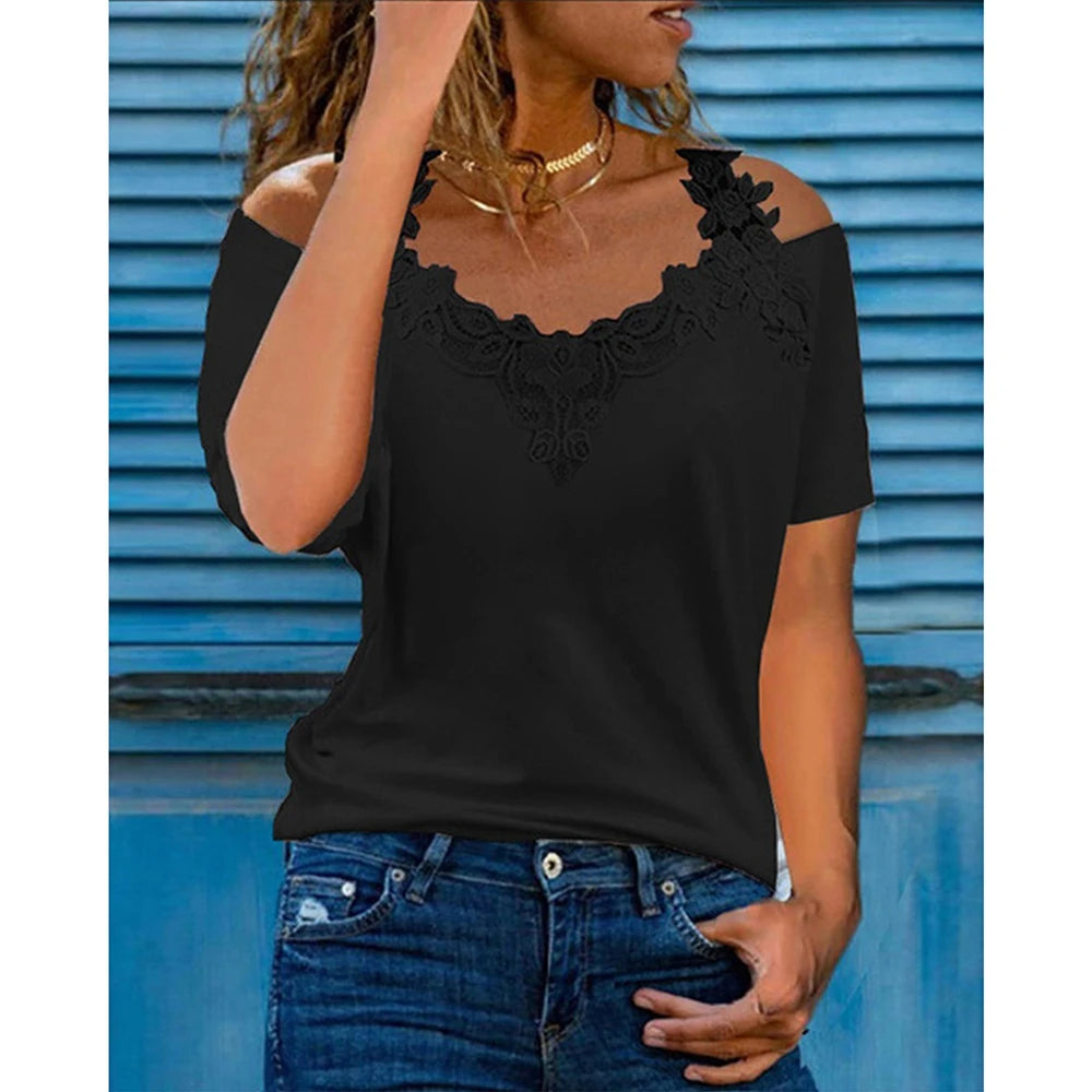 Womens V-Neck Lace Short Sleeved T-Shirt Top