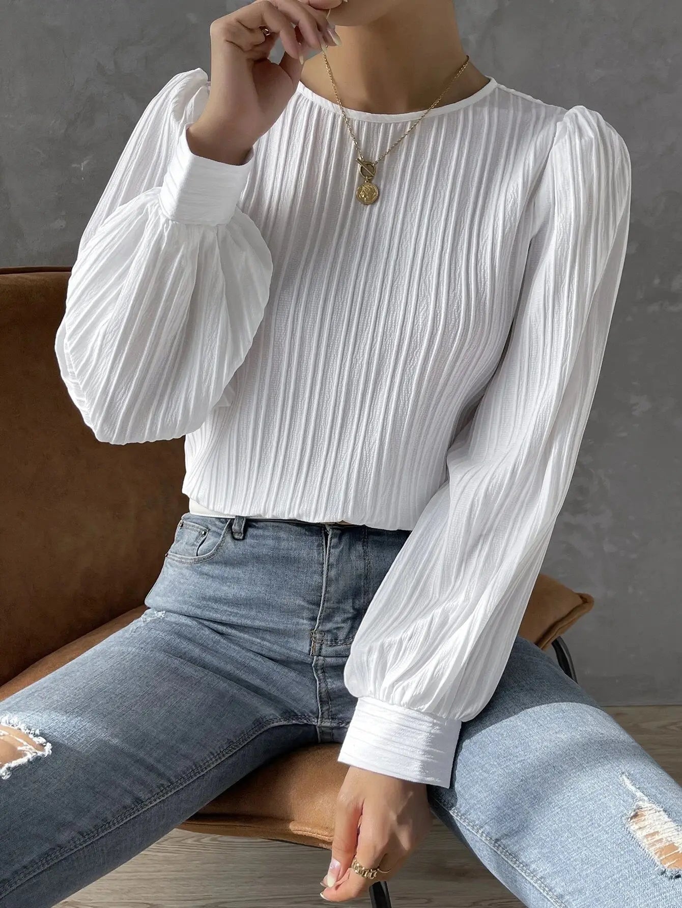 Womens Casual Solid Round Neck Long Sleeve Top