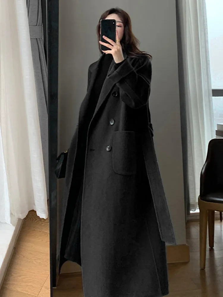 Womens Long Wool Elegant Faux Casual Belt Winter Coat