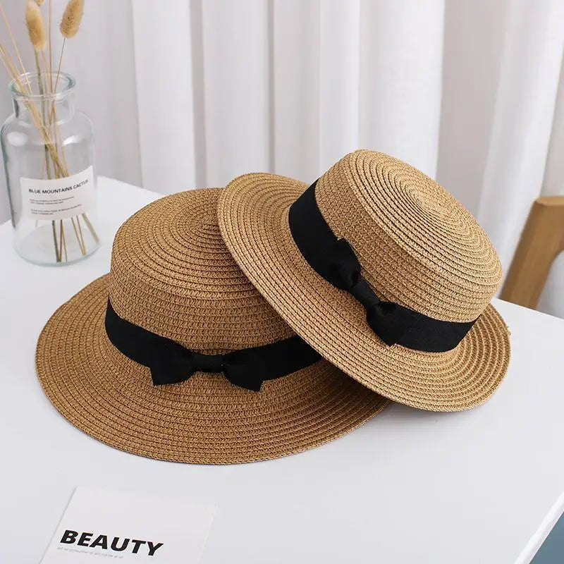 Unisex Summer Beach Bucket Cap Bowknot Straw Hat