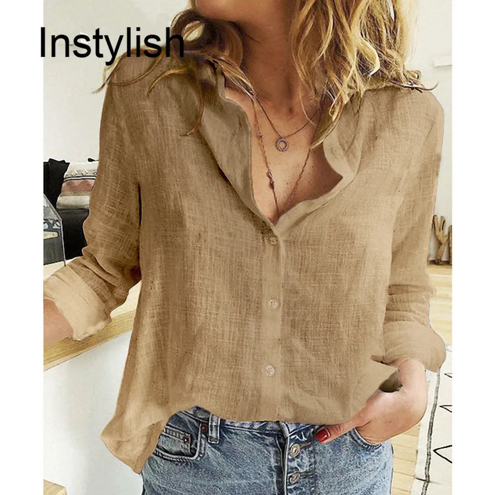 Womens Casual Long Sleeve Cotton Linen Loose Fit Oversized Shirt