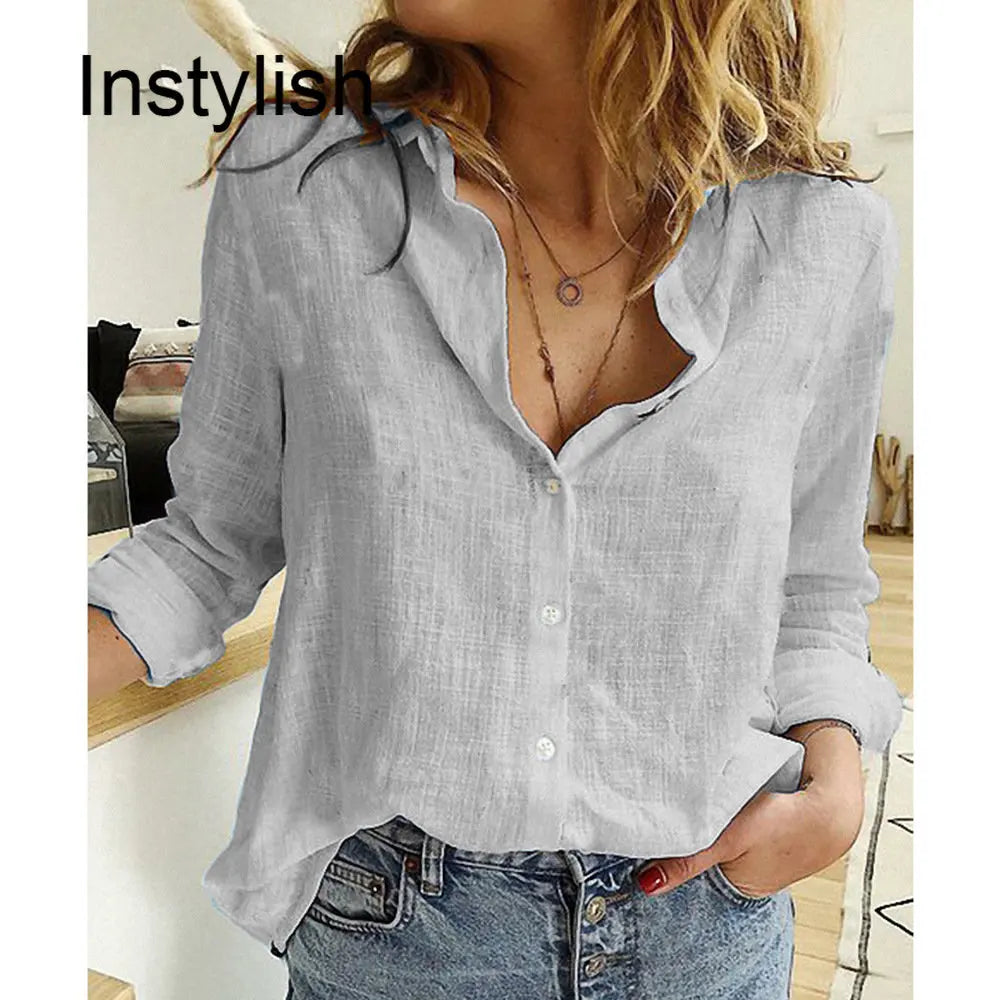 Womens Casual Long Sleeve Cotton Linen Loose Fit Oversized Shirt