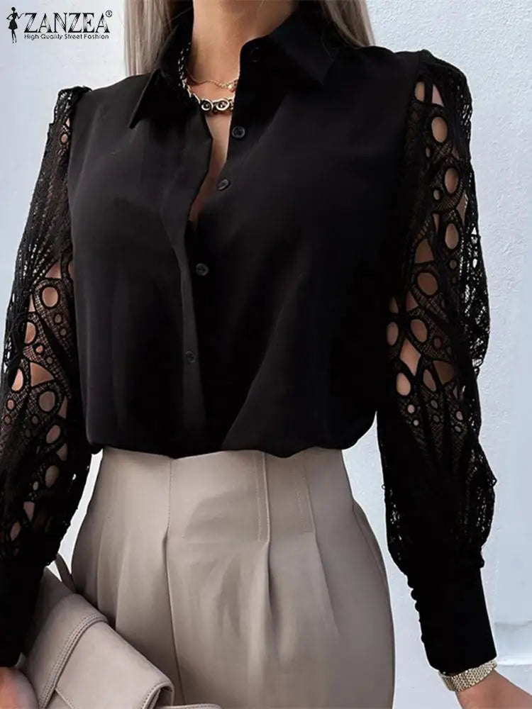 Womens Elegant Lapel Collar Hollow Out Summer Lace Long Sleeve Top