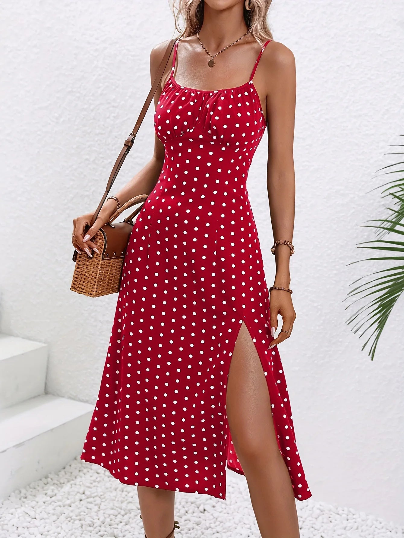 Womens Floral Print Spaghetti Straps Square Neck Split Thigh Summer Boho Dress