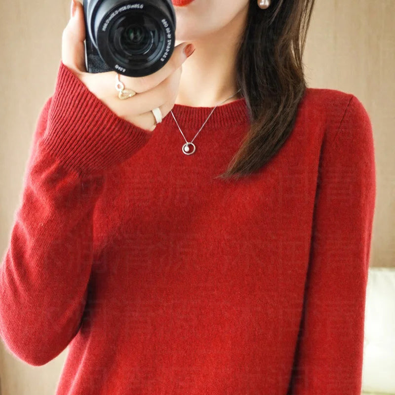 Womens Autumn Winter Casual Knitted Crew Neck Cashmere Sweater