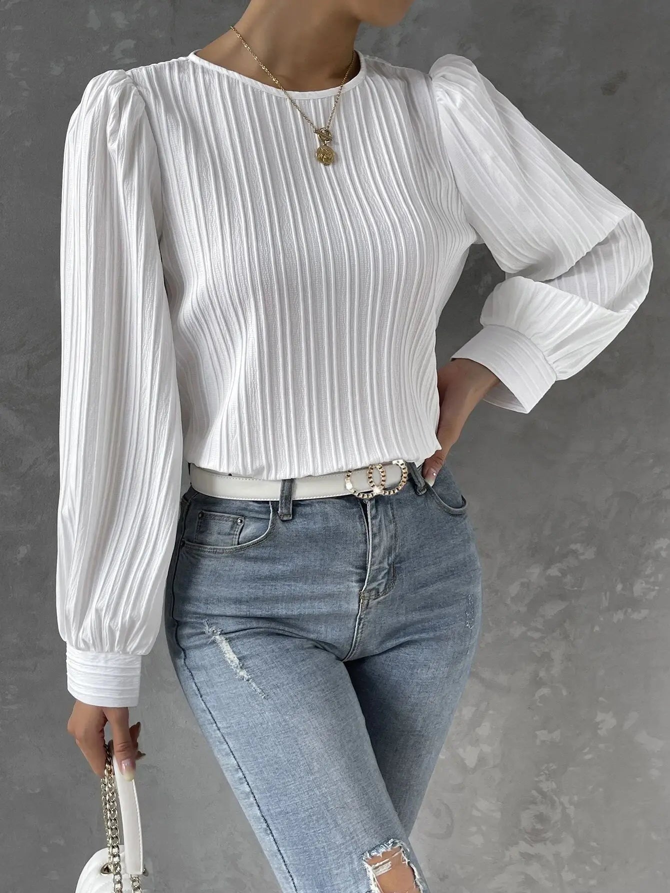 Womens Casual Solid Round Neck Long Sleeve Top