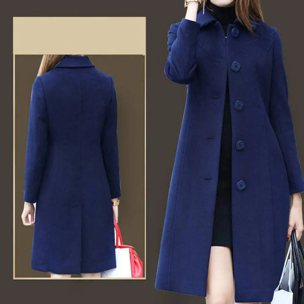 Womens Mid-Length Single-Breasted Solid Colour Turn-Down Collar Elegant Warm Winter Coat