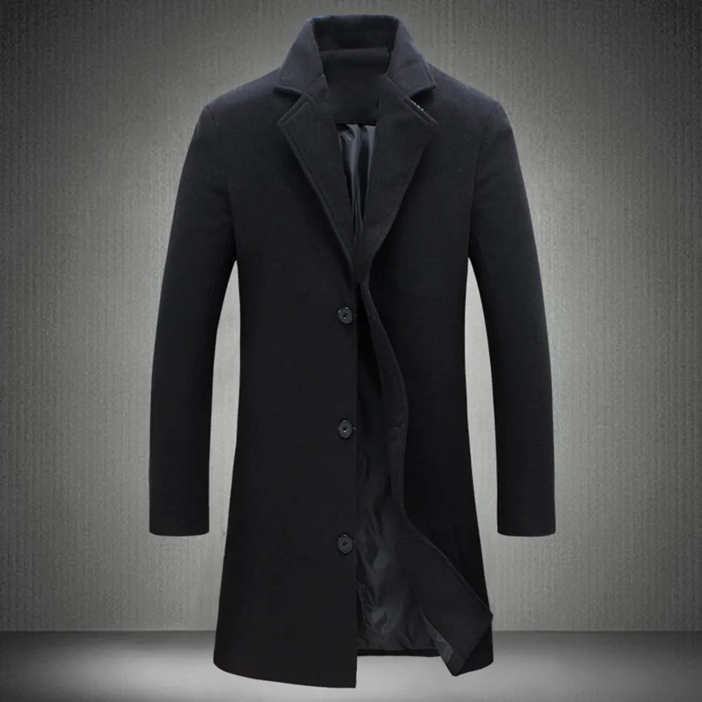 Mens Autumn Winter Solid Colour Single Breasted Lapel Long Casual Overcoat