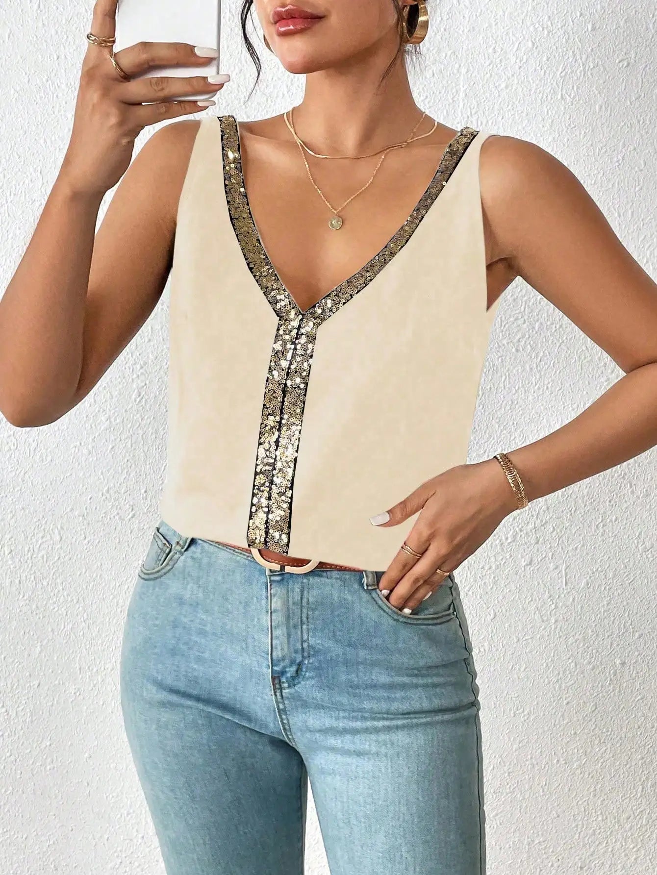 Womens V-Neck Loose Fit Sleeveless Top