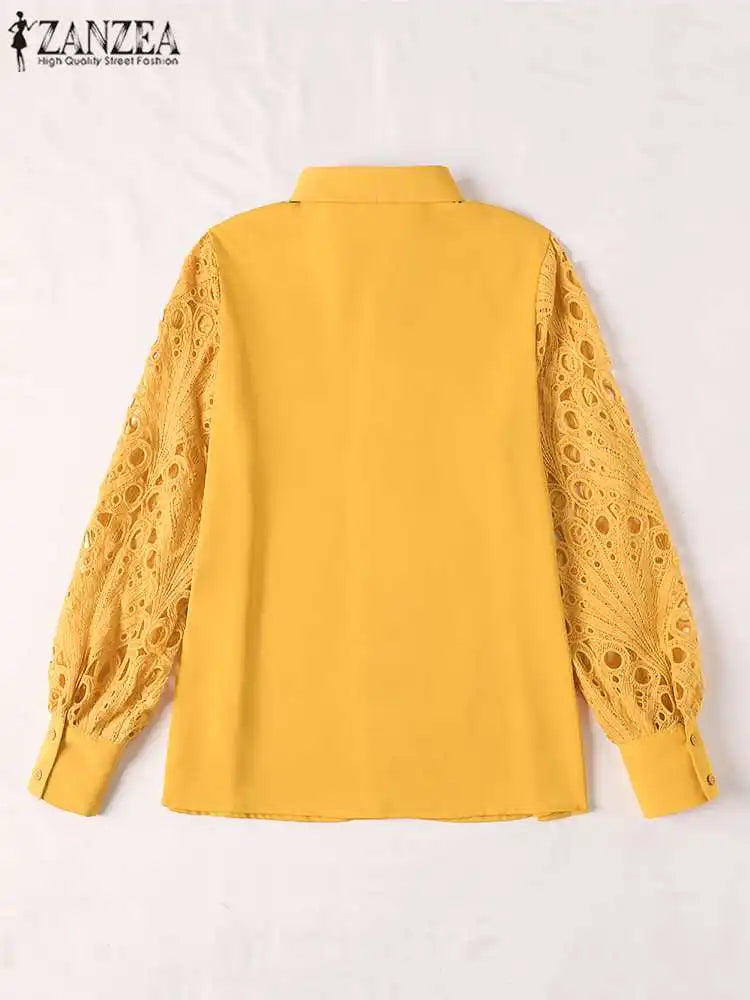 Womens Elegant Lapel Collar Hollow Out Summer Lace Long Sleeve Top