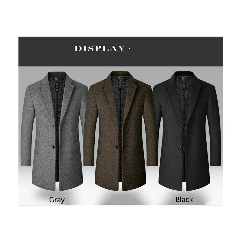 Mens Solid Colour Long Woollen Smart Casual Windbreaker Coat