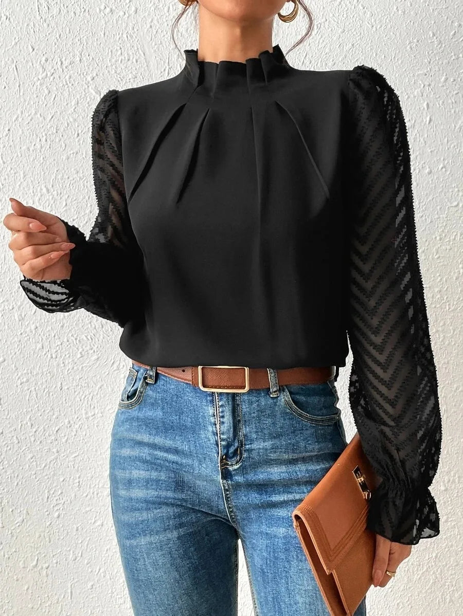 Womens Elegant High Collar Panel Wave Chiffon Long Sleeve Top