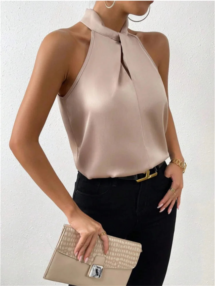 Womens Casual Sleeveless Stand Collar Elegant Top