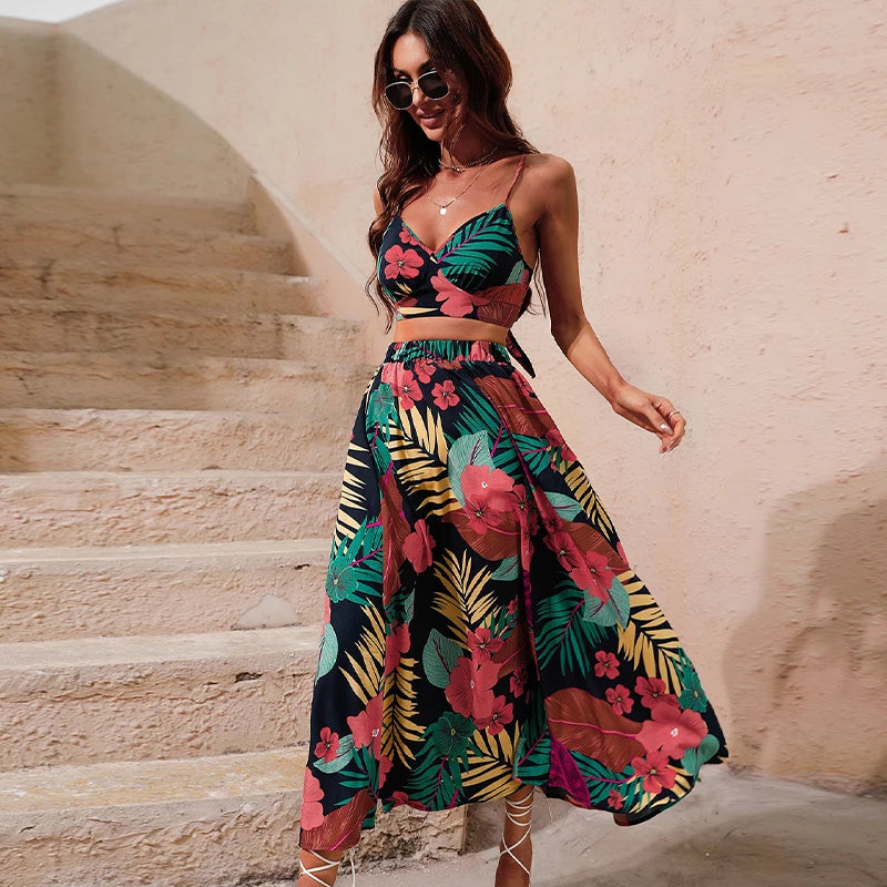 Womens Bikini Crop Top Long Floral Print Midi Boho Dress