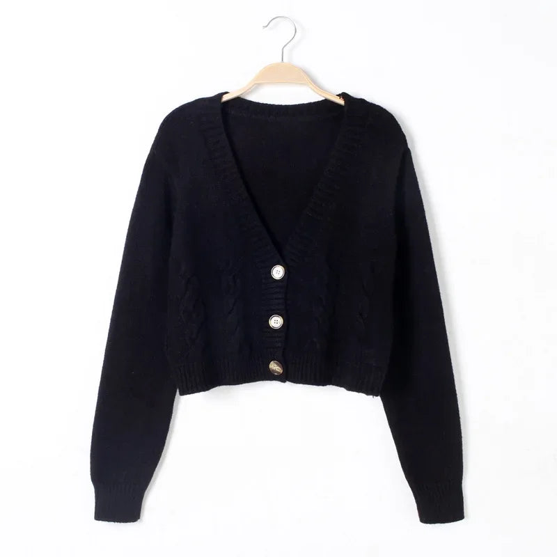 Womens V Neck Cropped Long Sleeve Twist Knitted Cardigan Sweater