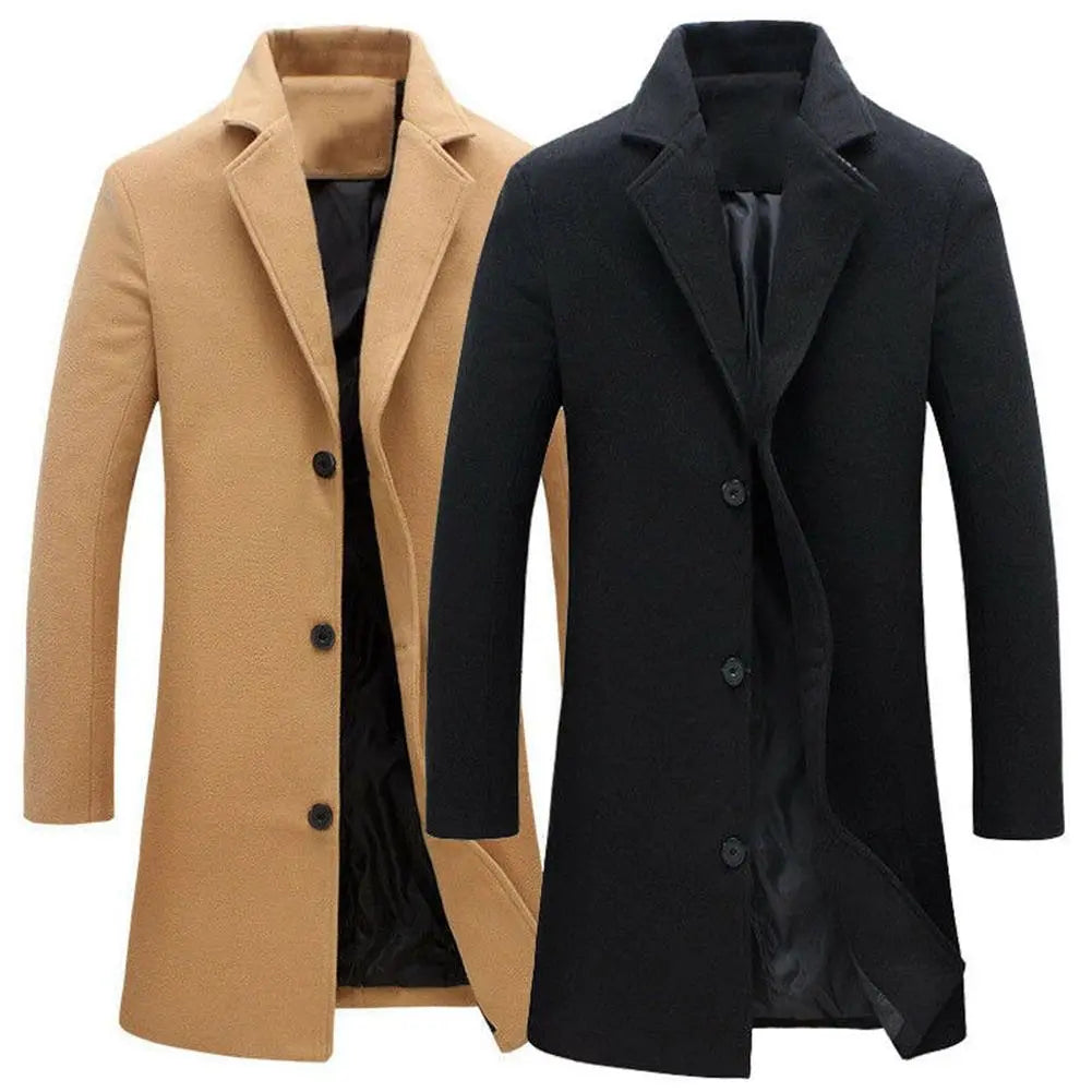 Mens Autumn Winter Solid Colour Single Breasted Lapel Long Casual Overcoat