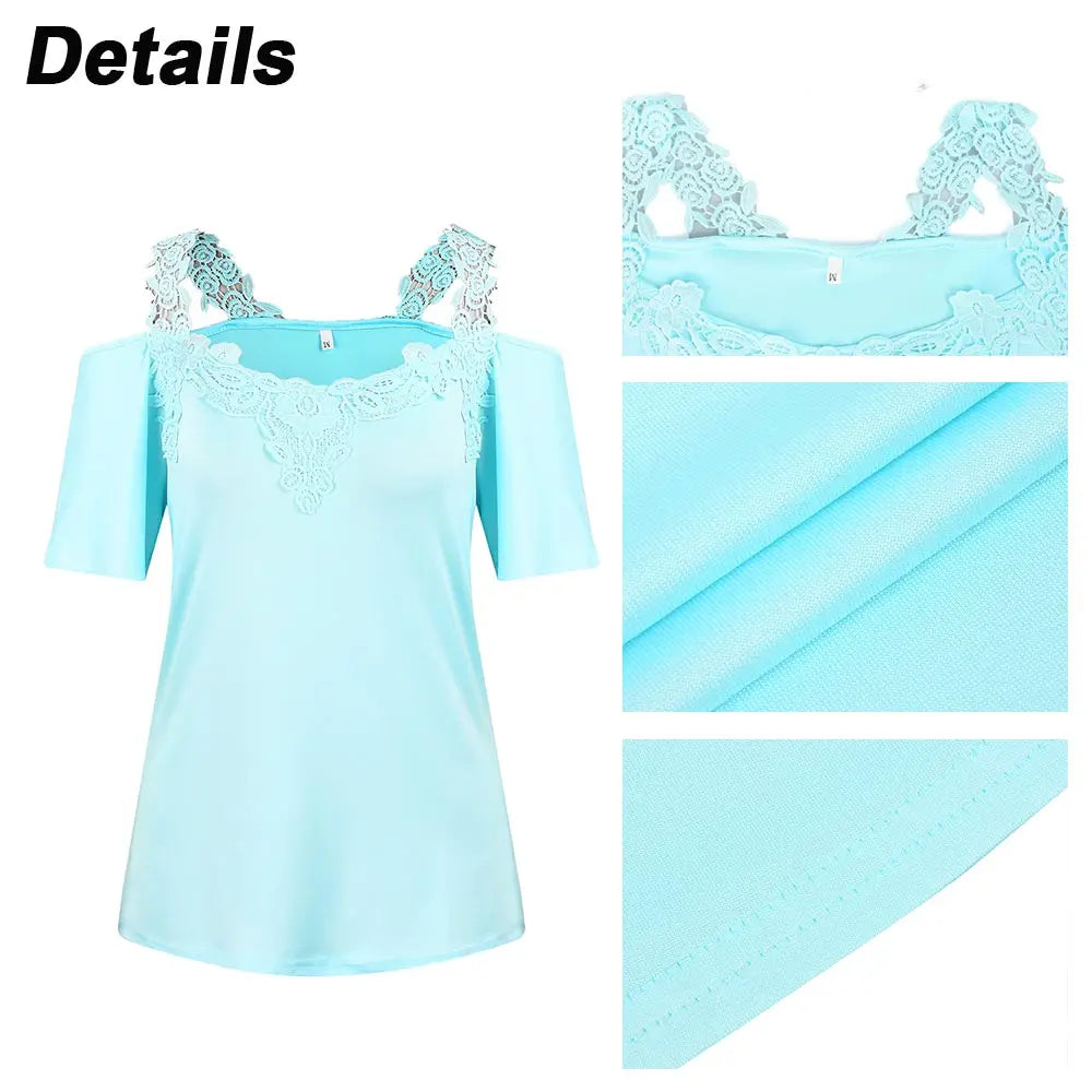 Womens V-Neck Lace Short Sleeved T-Shirt Top