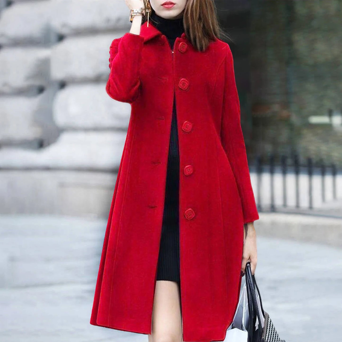 Womens Mid-Length Single-Breasted Solid Colour Turn-Down Collar Elegant Warm Winter Coat