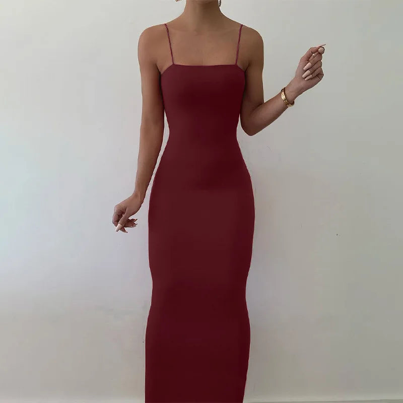 Womens Sexy Sleeveless Backless Solid Spaghetti Strap Bodycon Elegant Dress