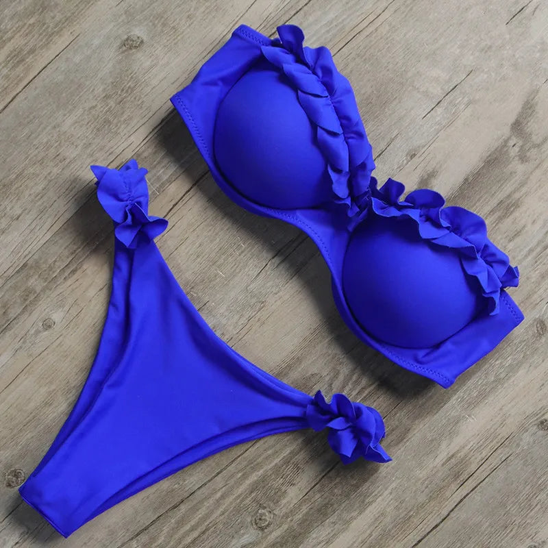 Womens Bandeau Thong Ruffle Push Up Bikini