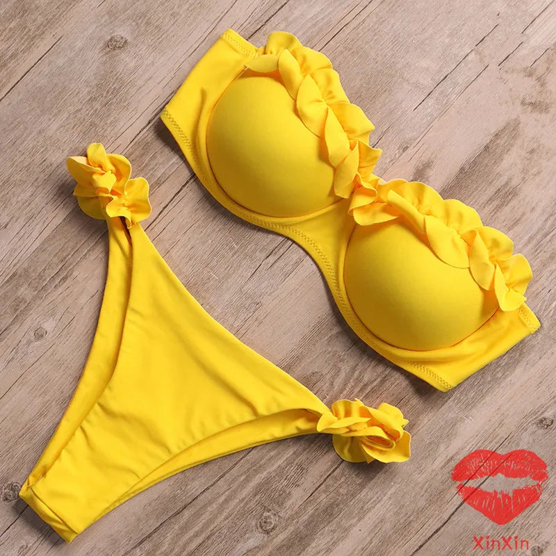 Womens Bandeau Thong Ruffle Push Up Bikini