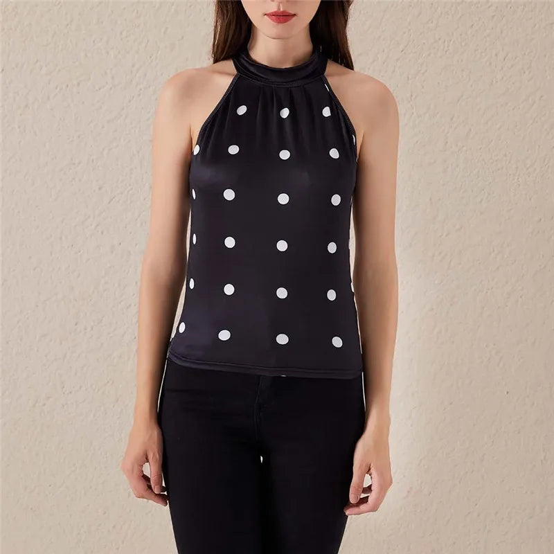 Womens Slim Fit Sleeveless Halter Neck Dot Print Top