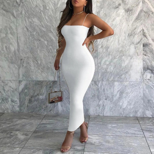 Womens Sexy Sleeveless Backless Solid Spaghetti Strap Bodycon Elegant Dress