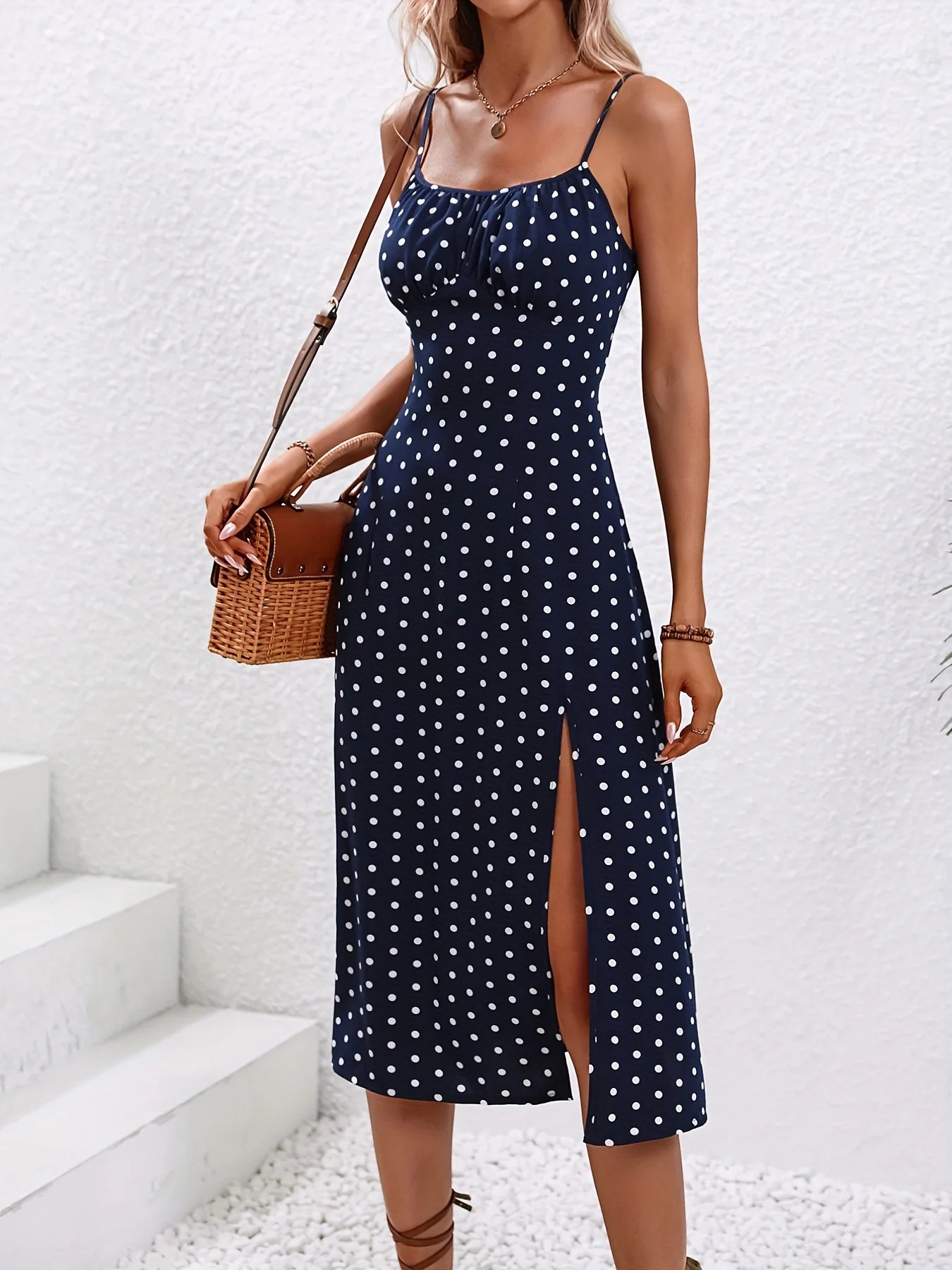 Womens Floral Print Spaghetti Straps Square Neck Split Thigh Summer Boho Dress