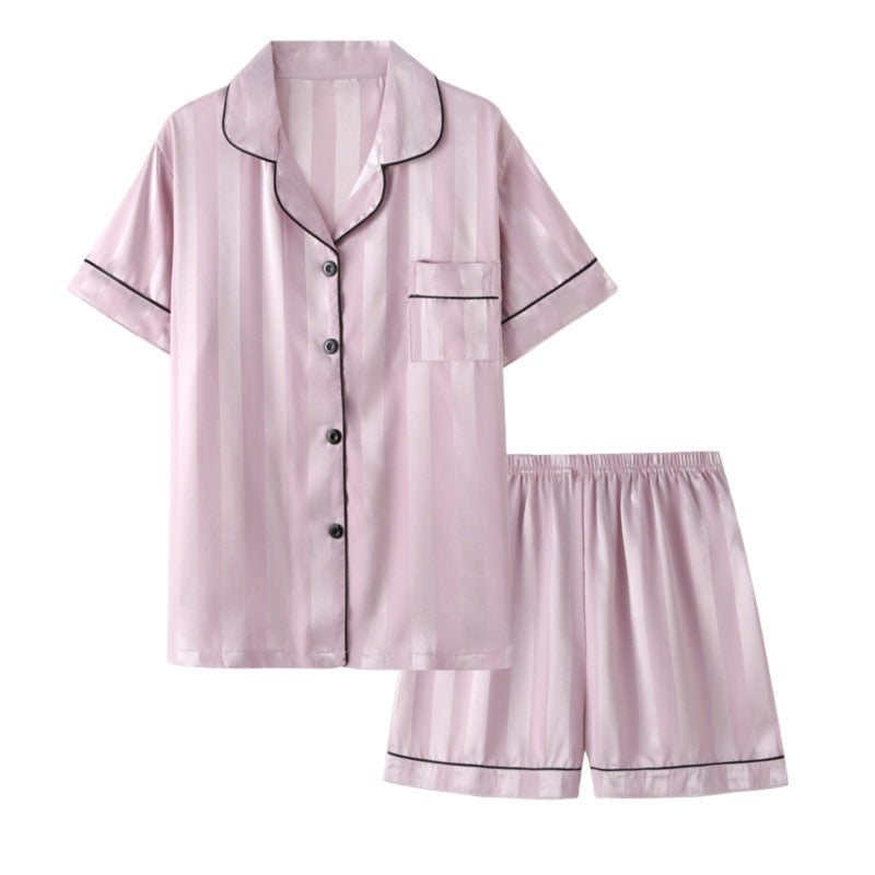 Womens Silk Satin Short Sleeve Two-Piece Striped Pyjama Set