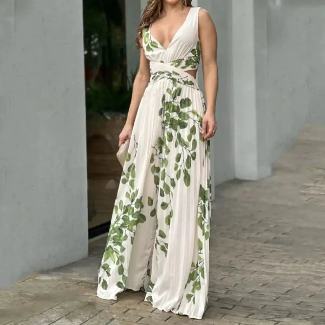 Womens Summer Leaf Print Midi Dress