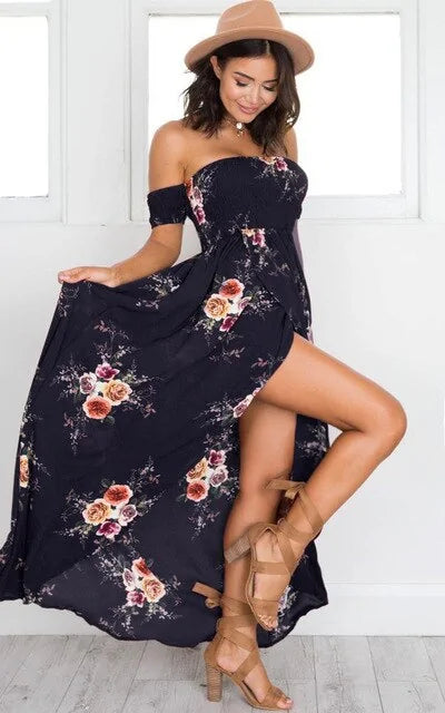 Womens Off Shoulder Sexy Split Beach Summer Dress