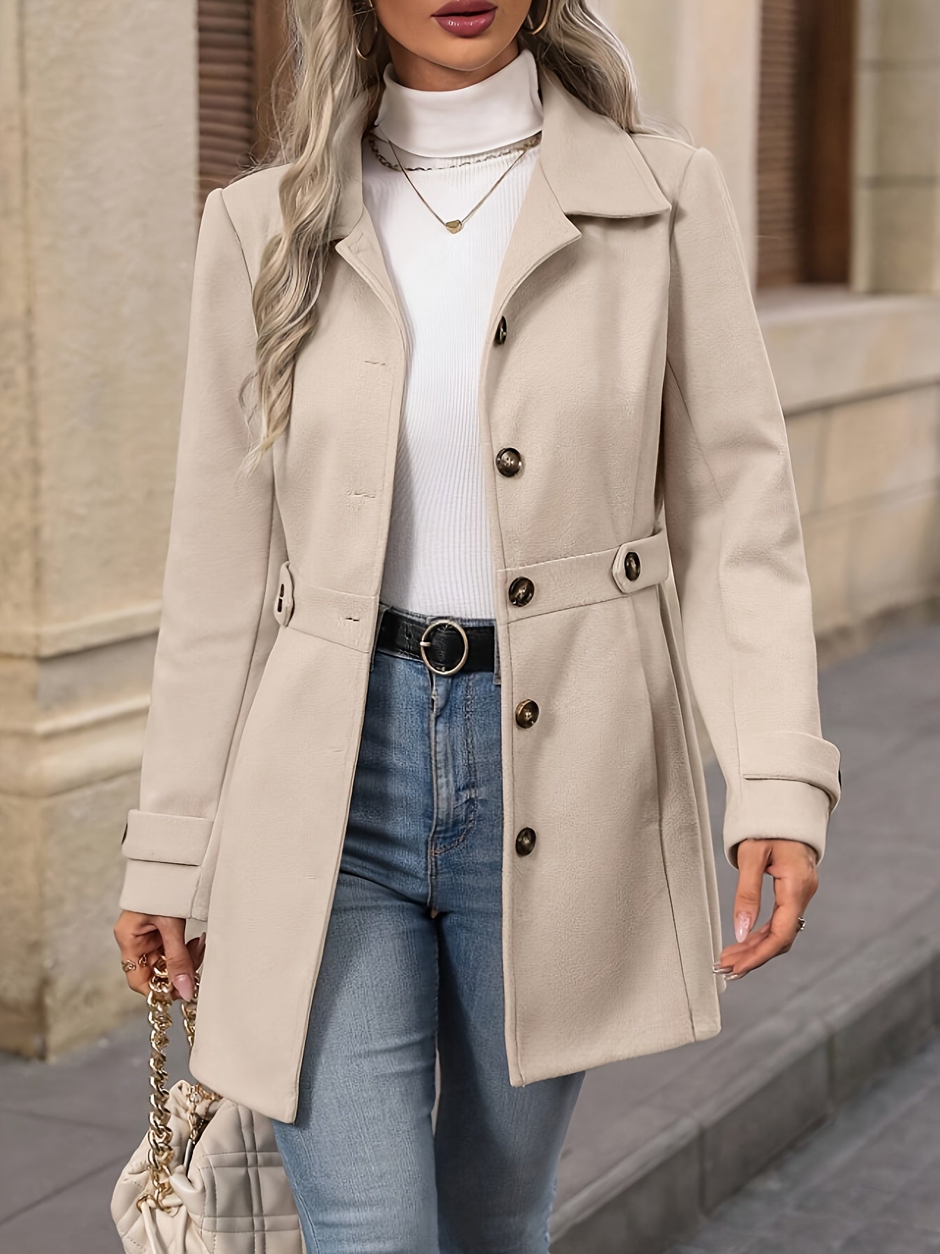 Womens Elegant Tweed Slim-Fit Lapel Collar Belted Waist Winter Coat