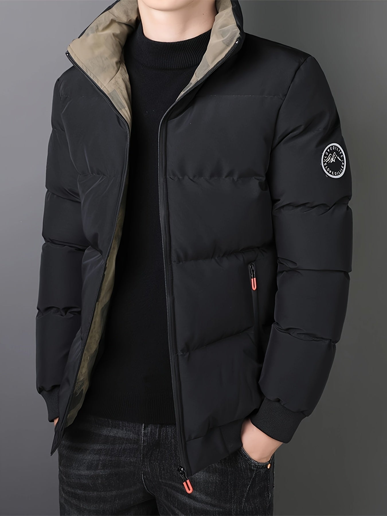 Mens Casual Thick Padded Loose Fit Stand Collar Zip Up Jacket