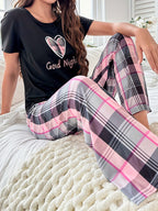 Womens Casual Comfortable Relaxed Fit Plaid Heart & Slogan Print Pyjama Set