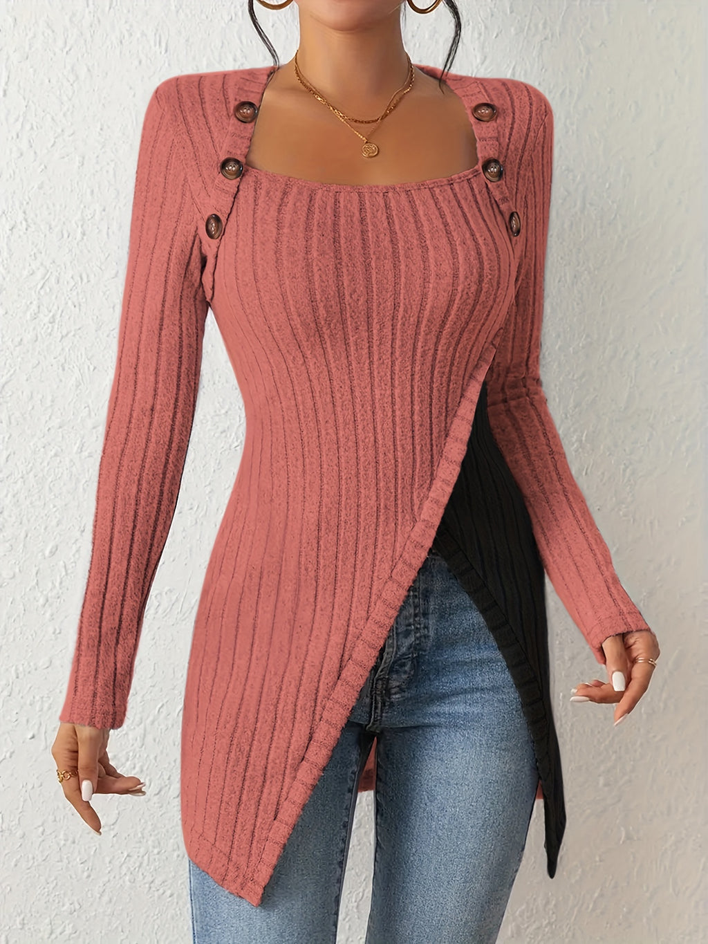 Womens Elegant Square Neck Ribbed Asymmetrical Button Detail Colour-Block Sweater