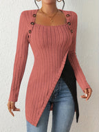 Womens Elegant Square Neck Ribbed Asymmetrical Button Detail Colour-Block Sweater
