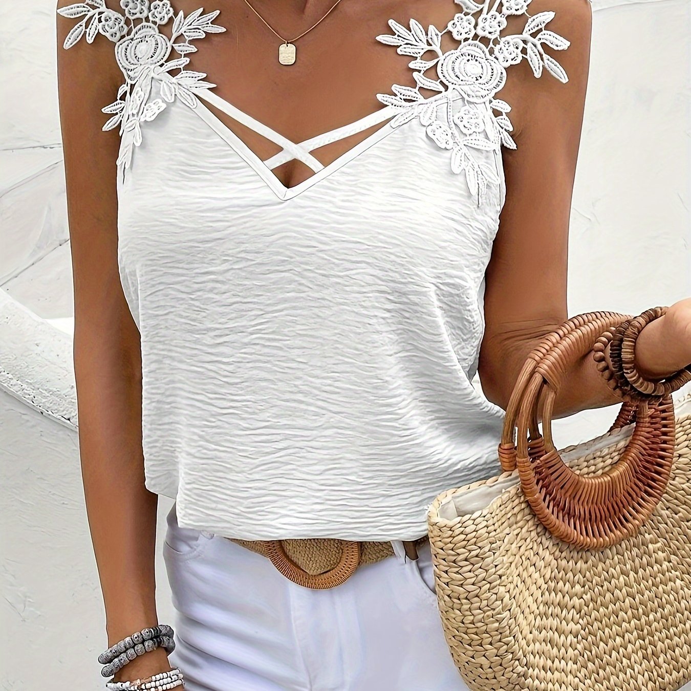 Womens Elegant Casual Lace Strap V Neck Sleeveless Top