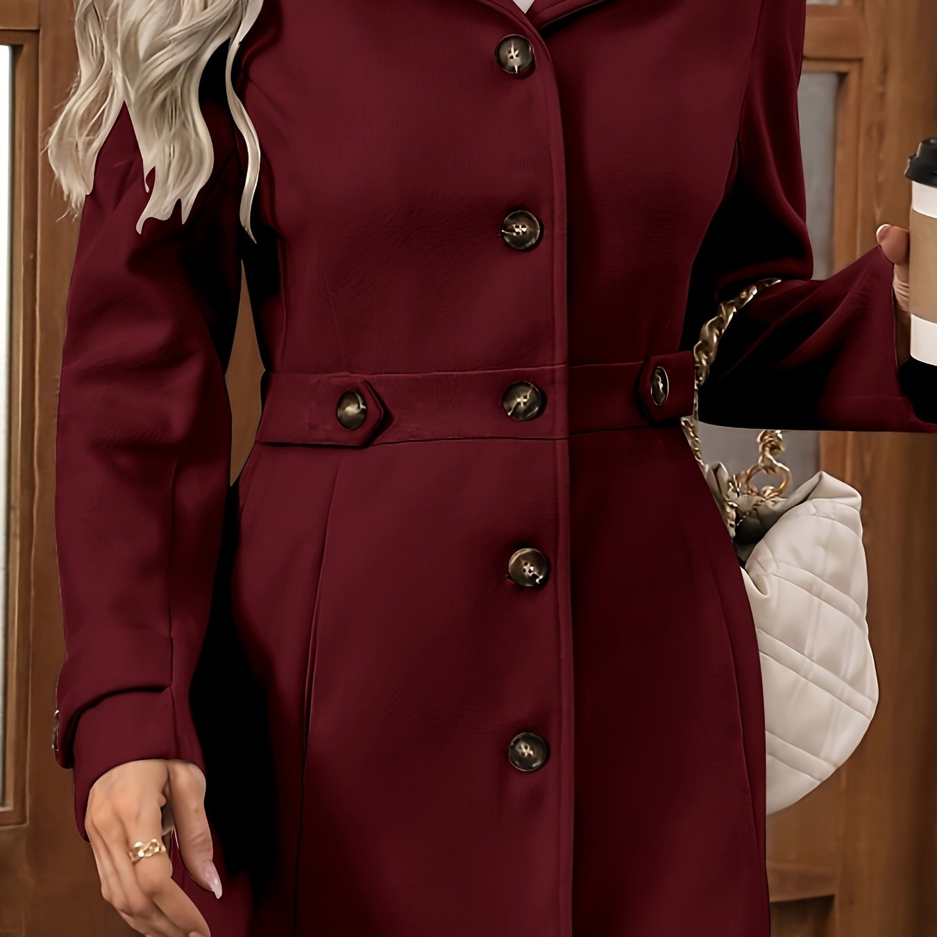 Womens Elegant Tweed Slim-Fit Lapel Collar Belted Waist Winter Coat
