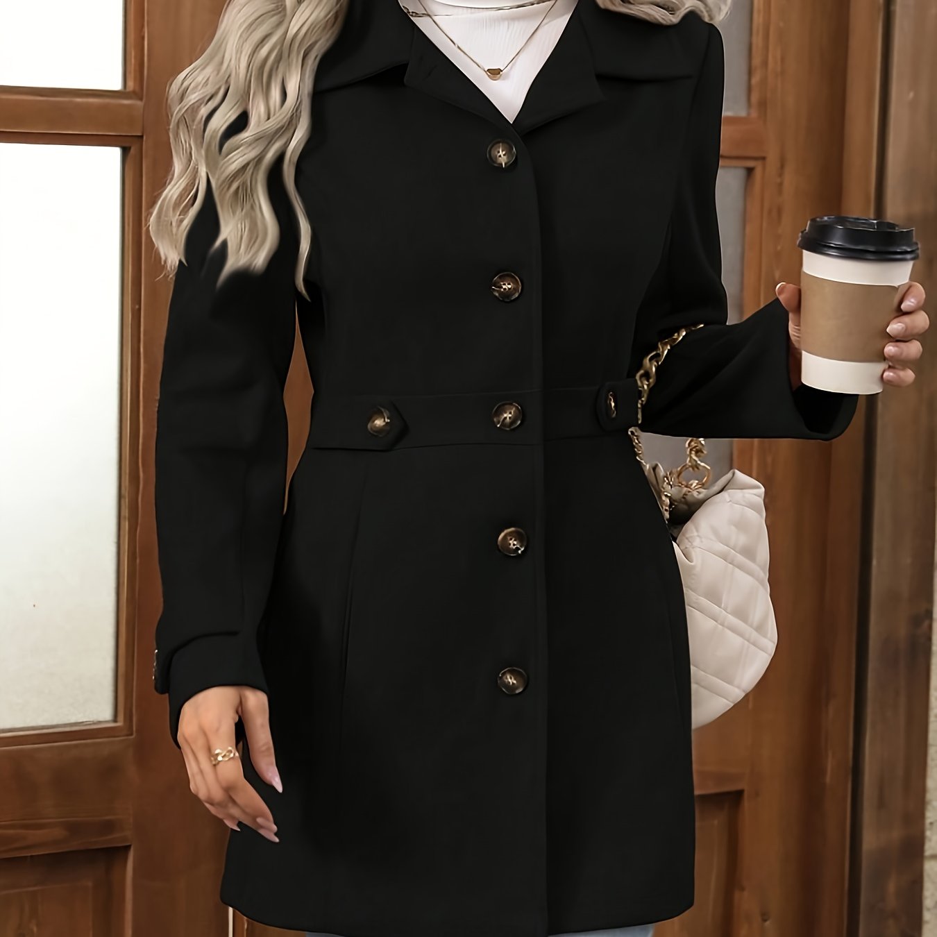Womens Elegant Tweed Slim-Fit Lapel Collar Belted Waist Winter Coat