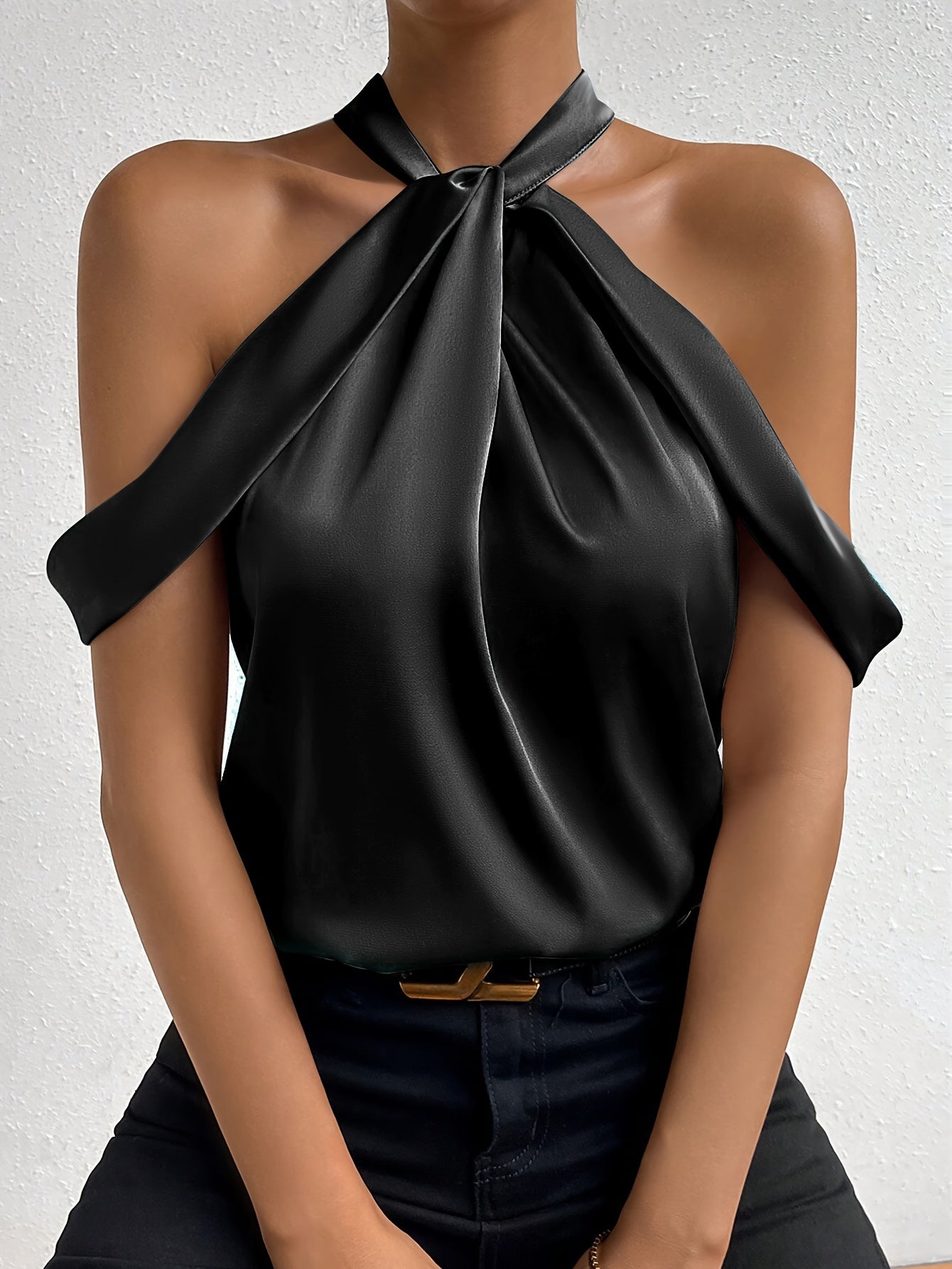 Womens Solid Colour Twist Front Elegant Cold Shoulder Top