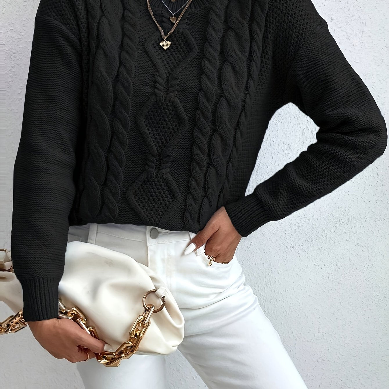 Womens Casual Round Neck Chunky Drop Shoulder Solid Colour Jumper