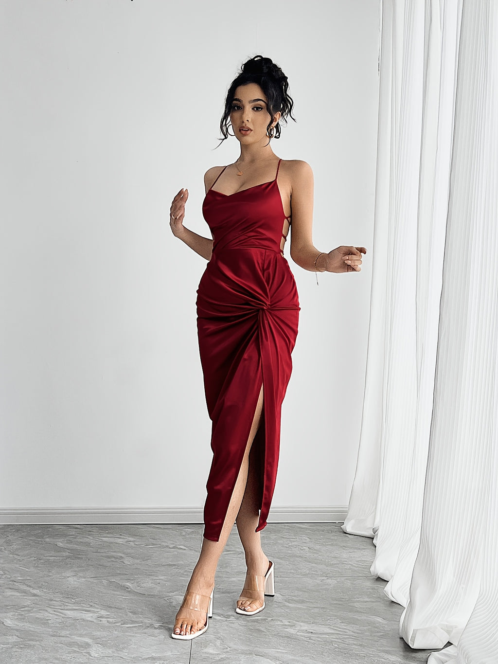 Womens Elegant Deep Neck High Thigh Slit Twist Detail Spaghetti Strap Dress for Women