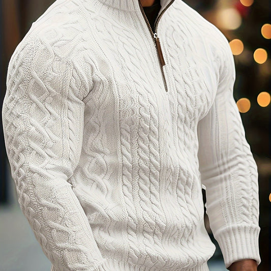 Mens Casual Half-High Collar Zip-Up Cable Knit Classic Pullover Sweater