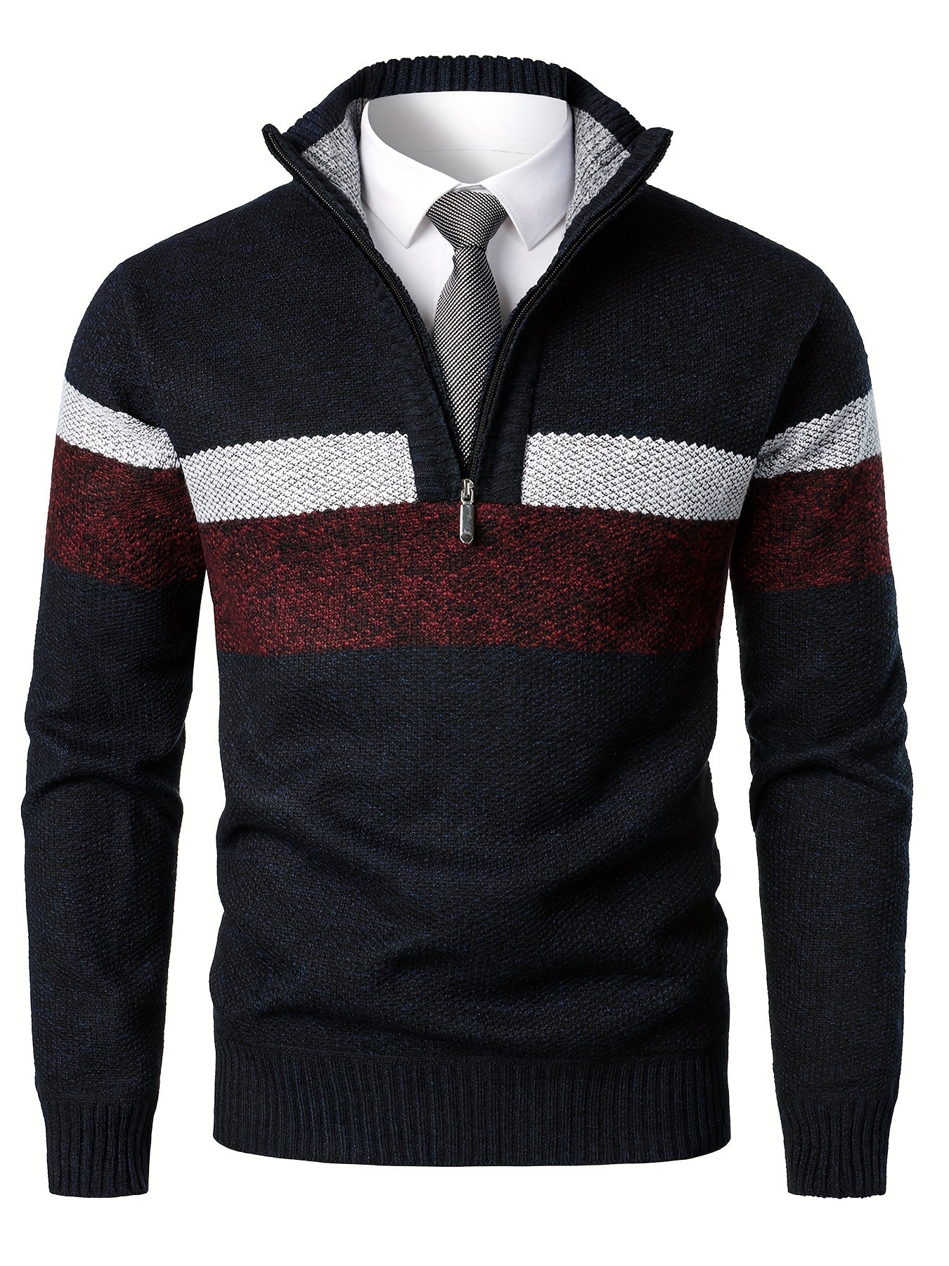 Mens Thick Fleece-Lined Casual Colour Block Stand Collar Knitted Half Zip Long Sleeved Sweater